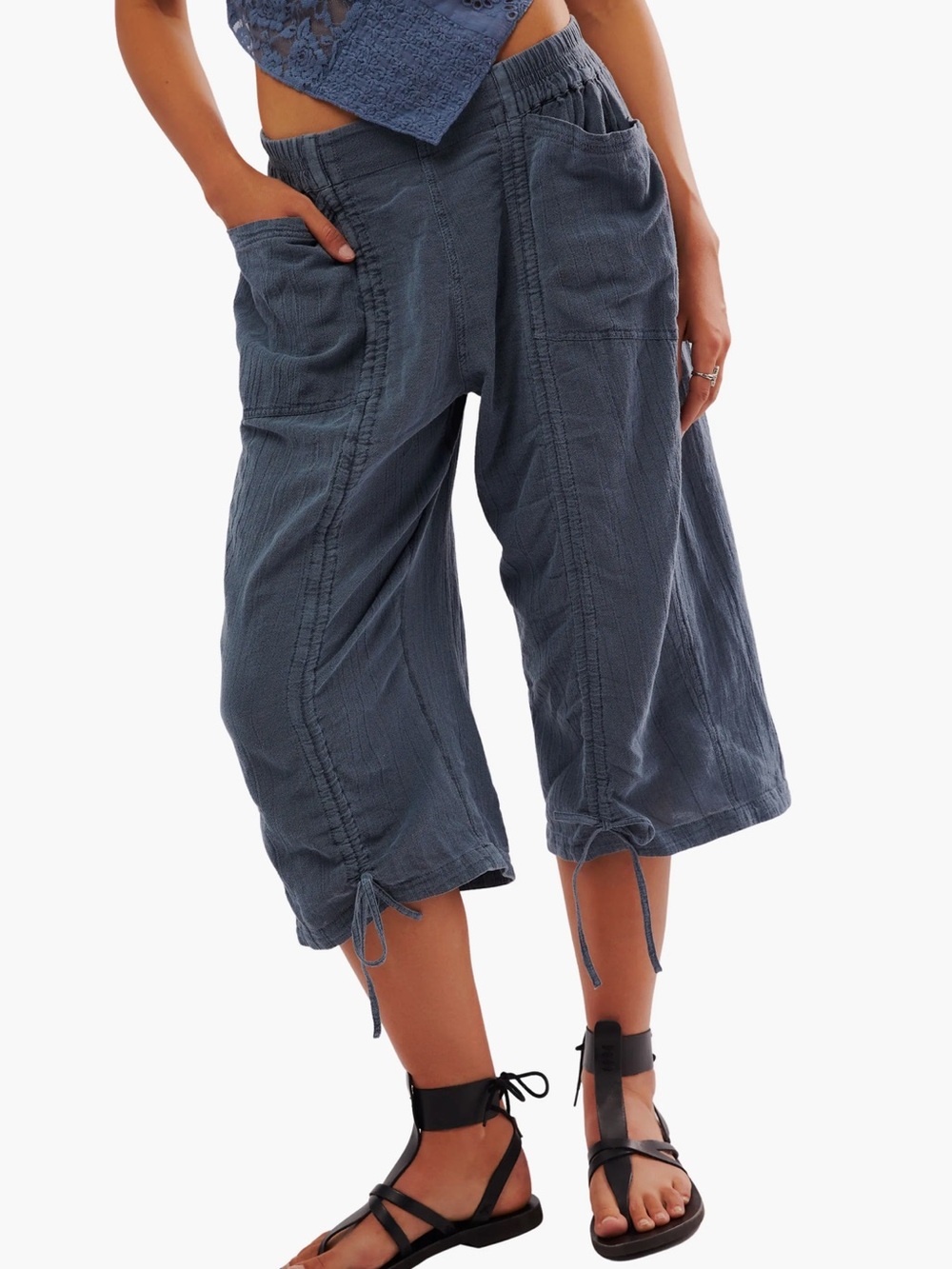Free People Gianna Ruched Cotton Capri Pants blue Cotton Cropped Pants XS Ruched